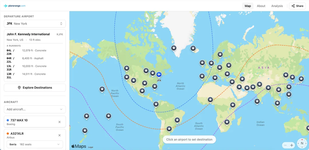 Interactive Aircraft Range Map | PlaneRange