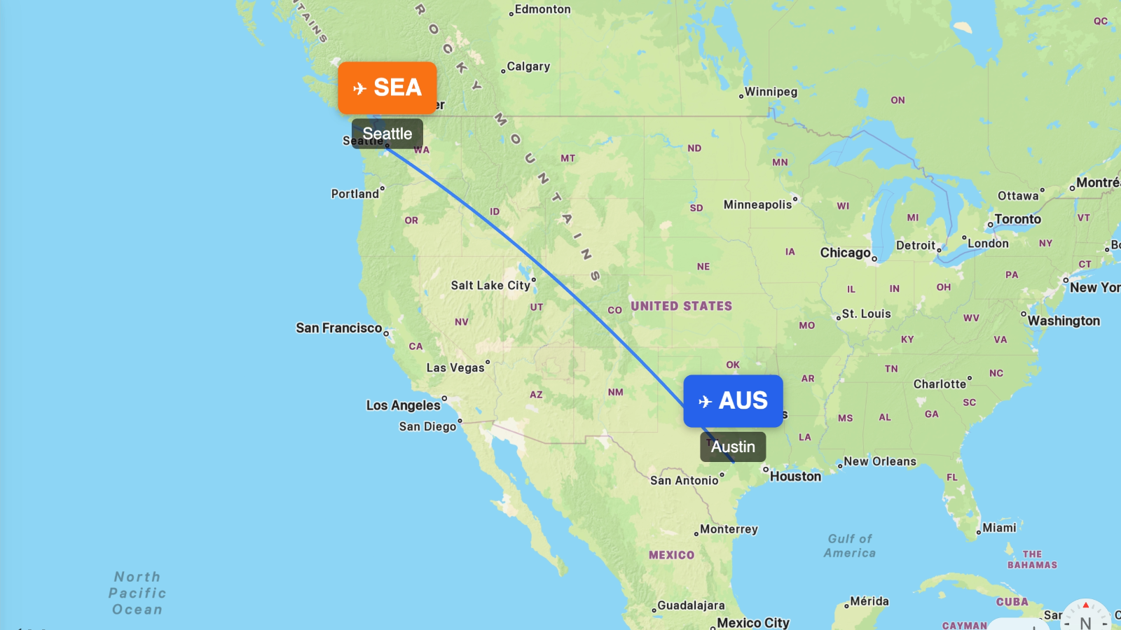 Map showing flight range of Airbus A220-100 from AUS
