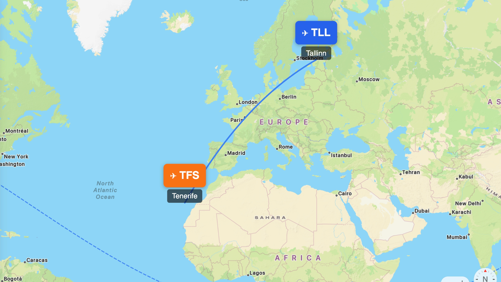 Map showing flight range of Airbus A220-300 from TLL