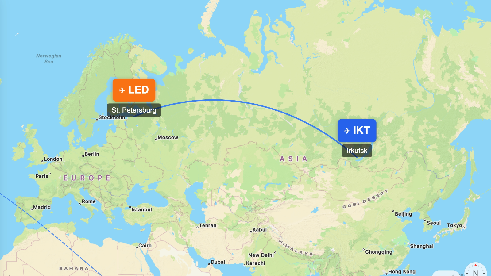 Map showing flight range of Airbus A319-100 from IKT