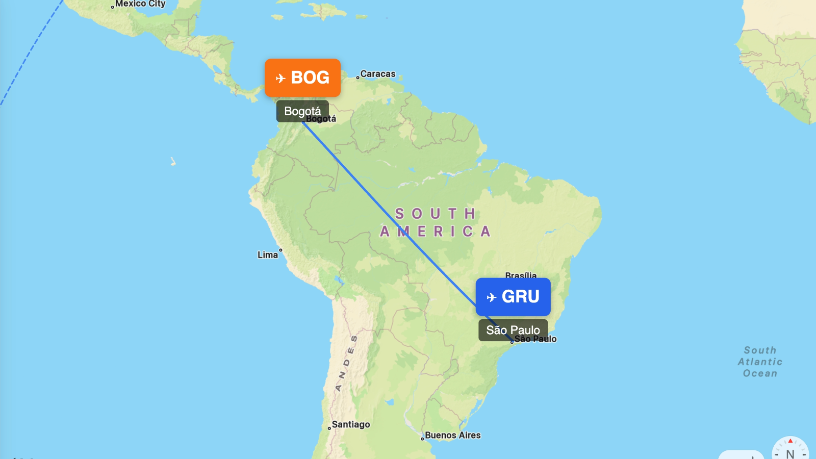 Map showing flight range of Airbus A320-200 from GRU