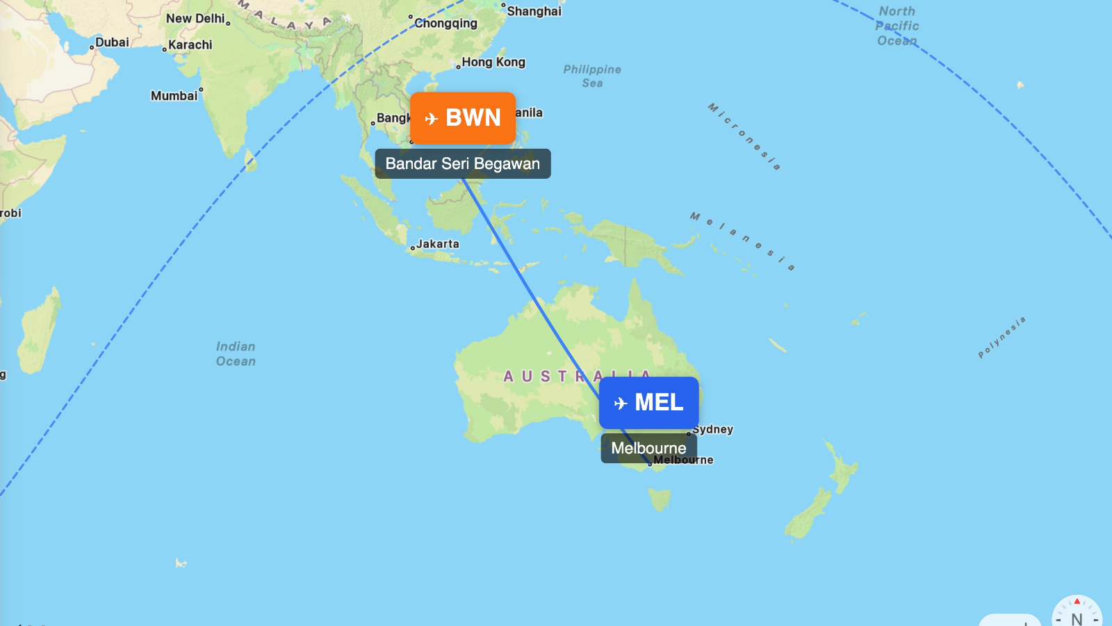 Map showing flight range of Airbus A320neo from MEL