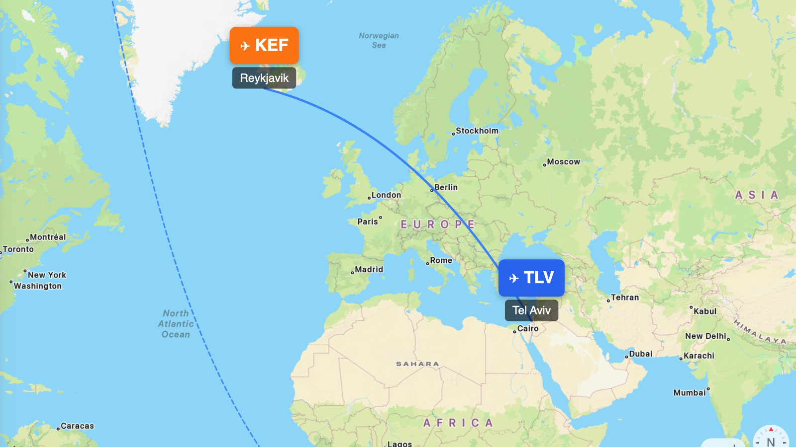 Map showing flight range of Airbus A321-200 from TLV