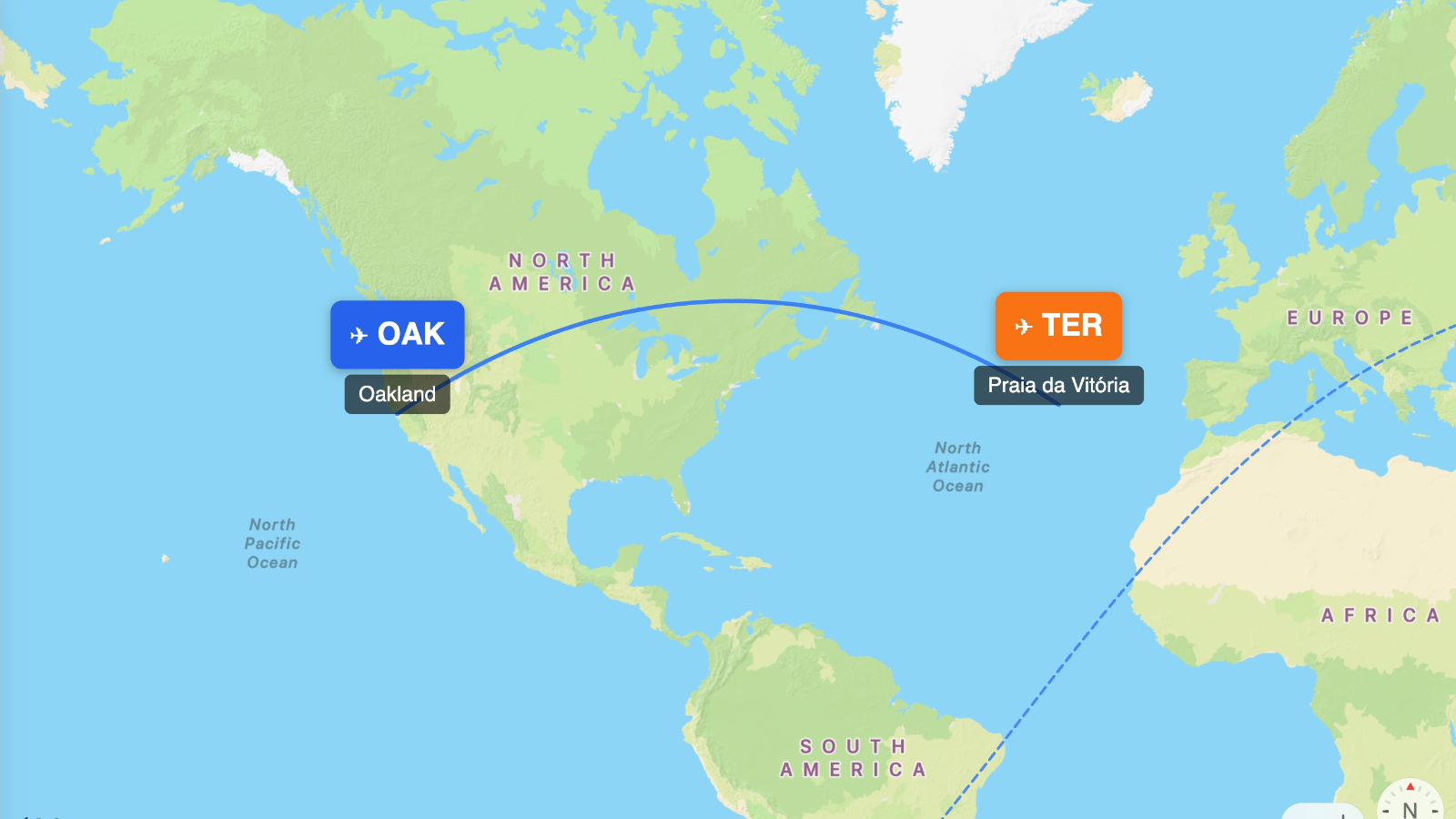 Map showing flight range of Airbus A321neo LR from OAK