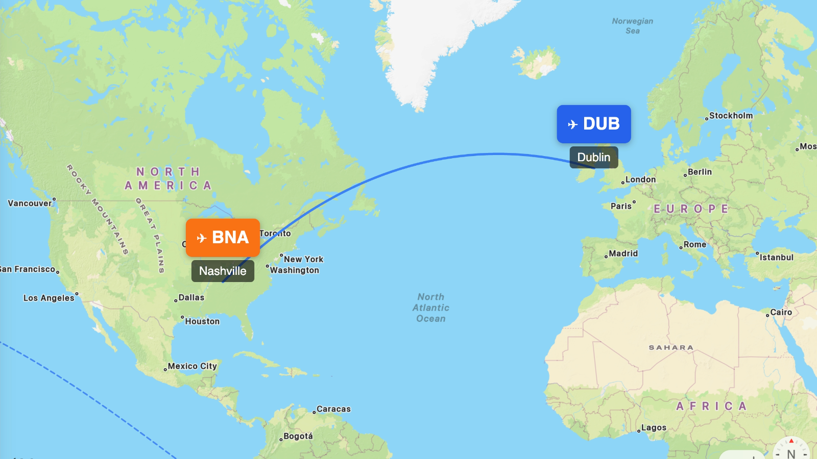 Map showing flight range of Airbus A321XLR from DUB