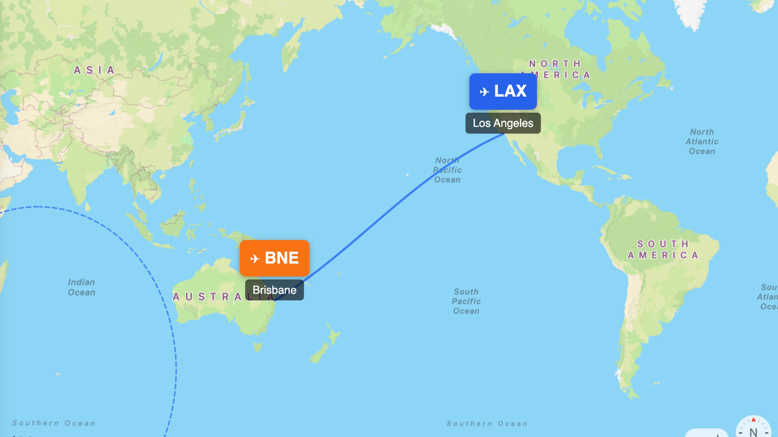 Map showing flight range of Airbus A330-200 from LAX