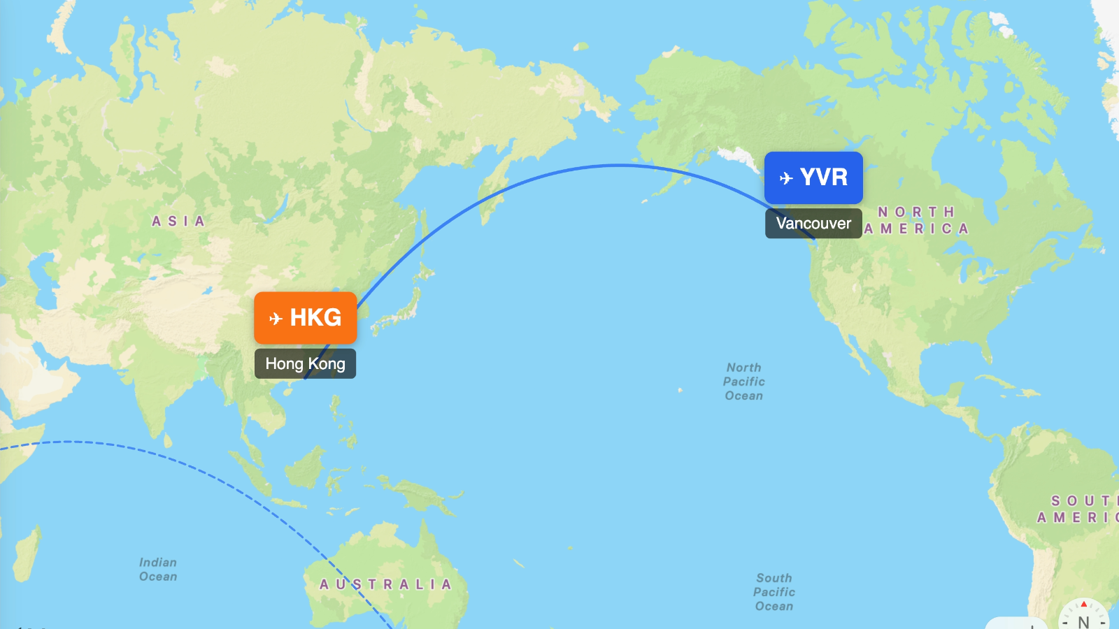 Map showing flight range of Airbus A330-300 from YVR