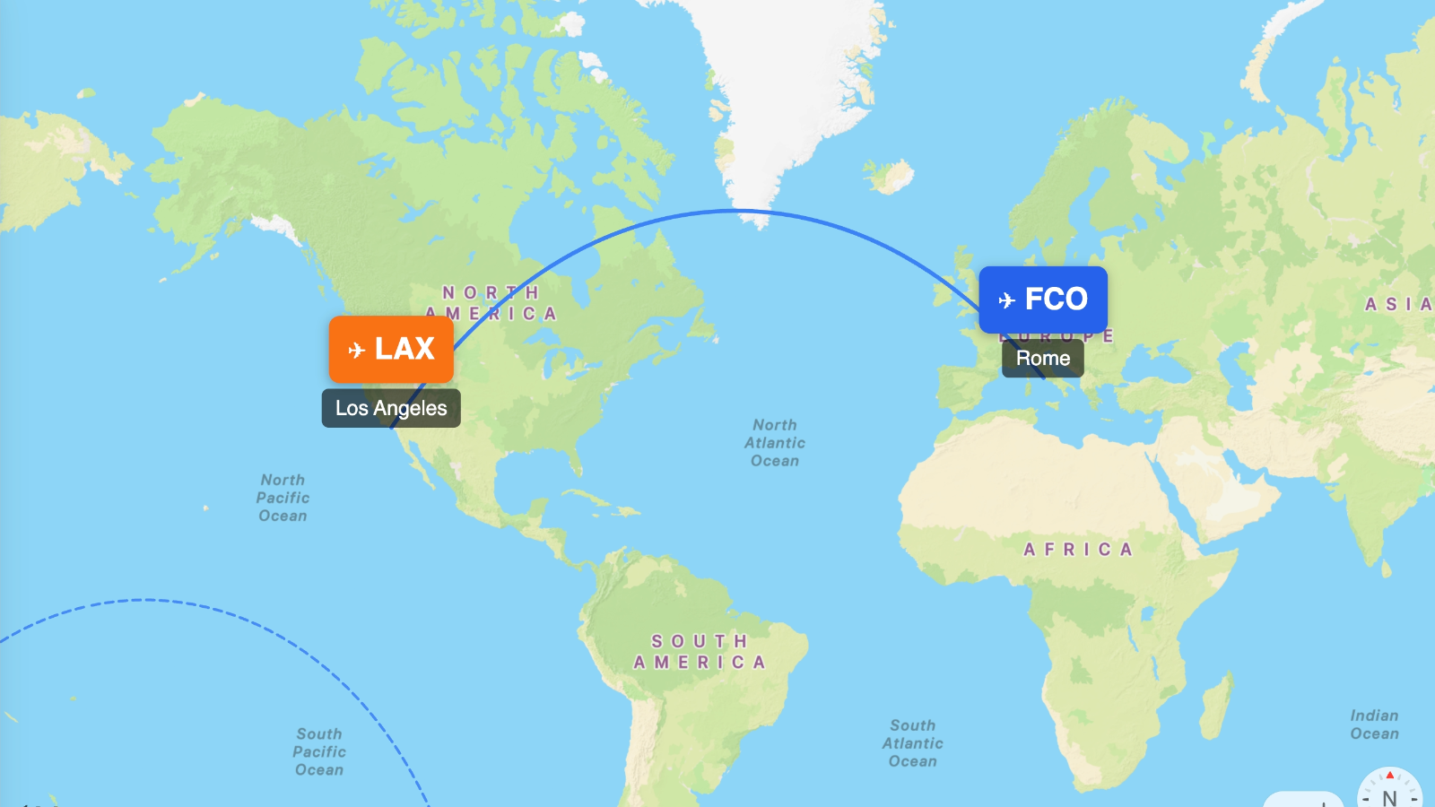 Map showing flight range of Airbus A330-900 from FCO