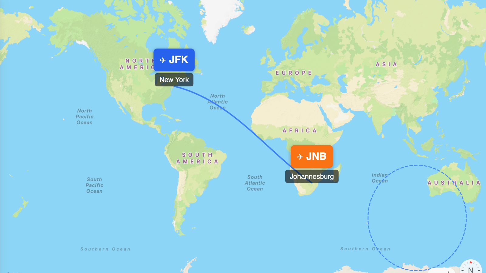 Map showing flight range of Airbus A340-600 from JFK