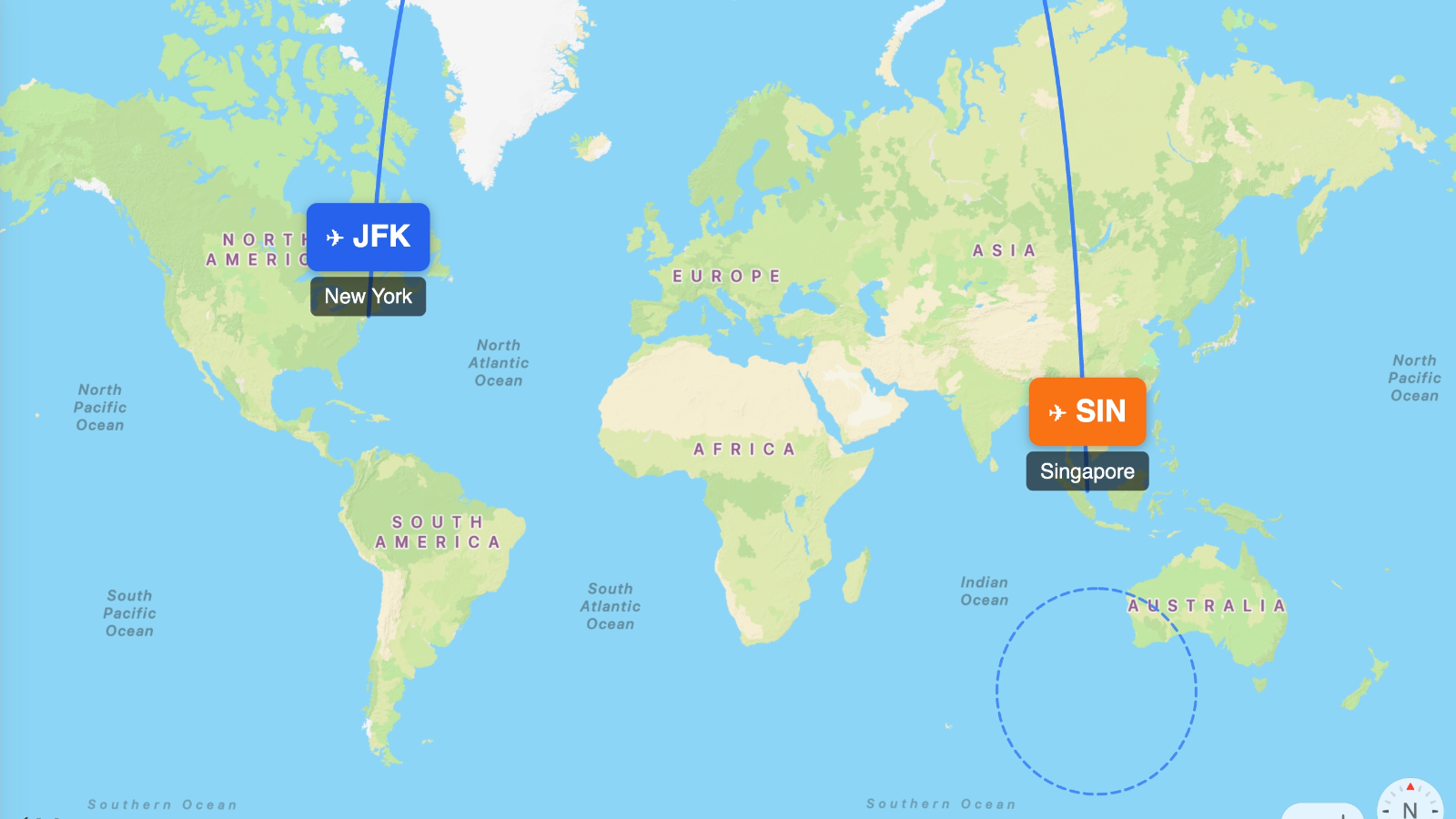 Map showing flight range of Airbus A350-900 from JFK