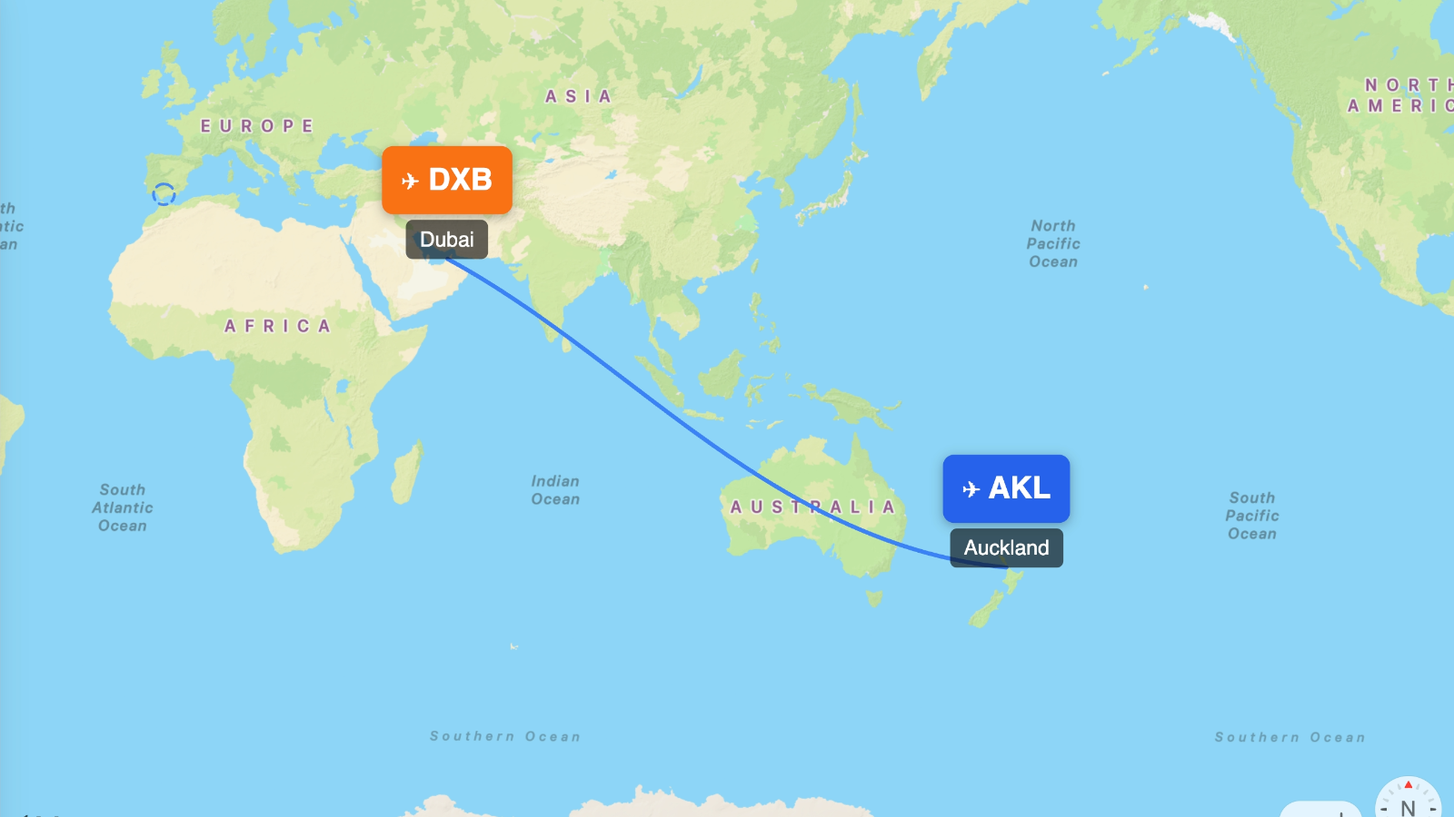 Map showing flight range of Airbus A380-800 from AKL