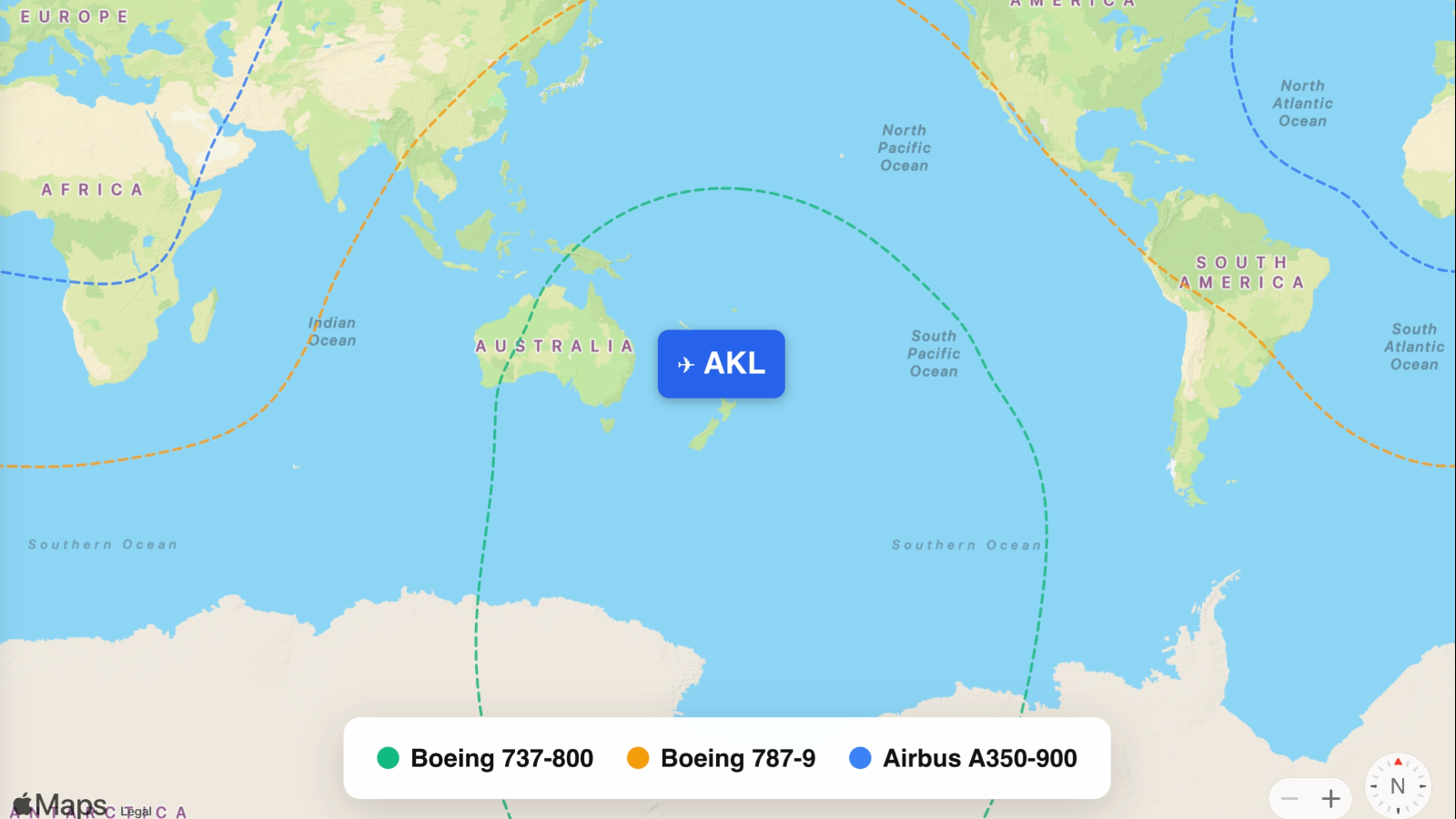 Map showing flight ranges from Auckland Airport (AKL)