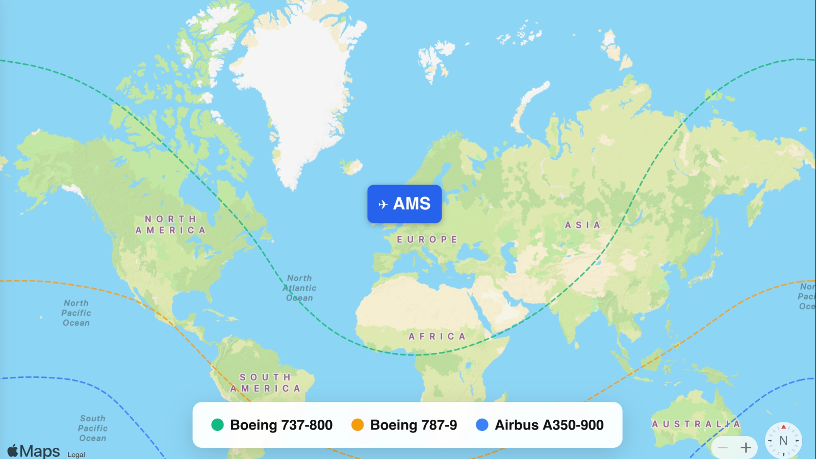 Map showing flight ranges from Amsterdam Airport Schiphol (AMS)