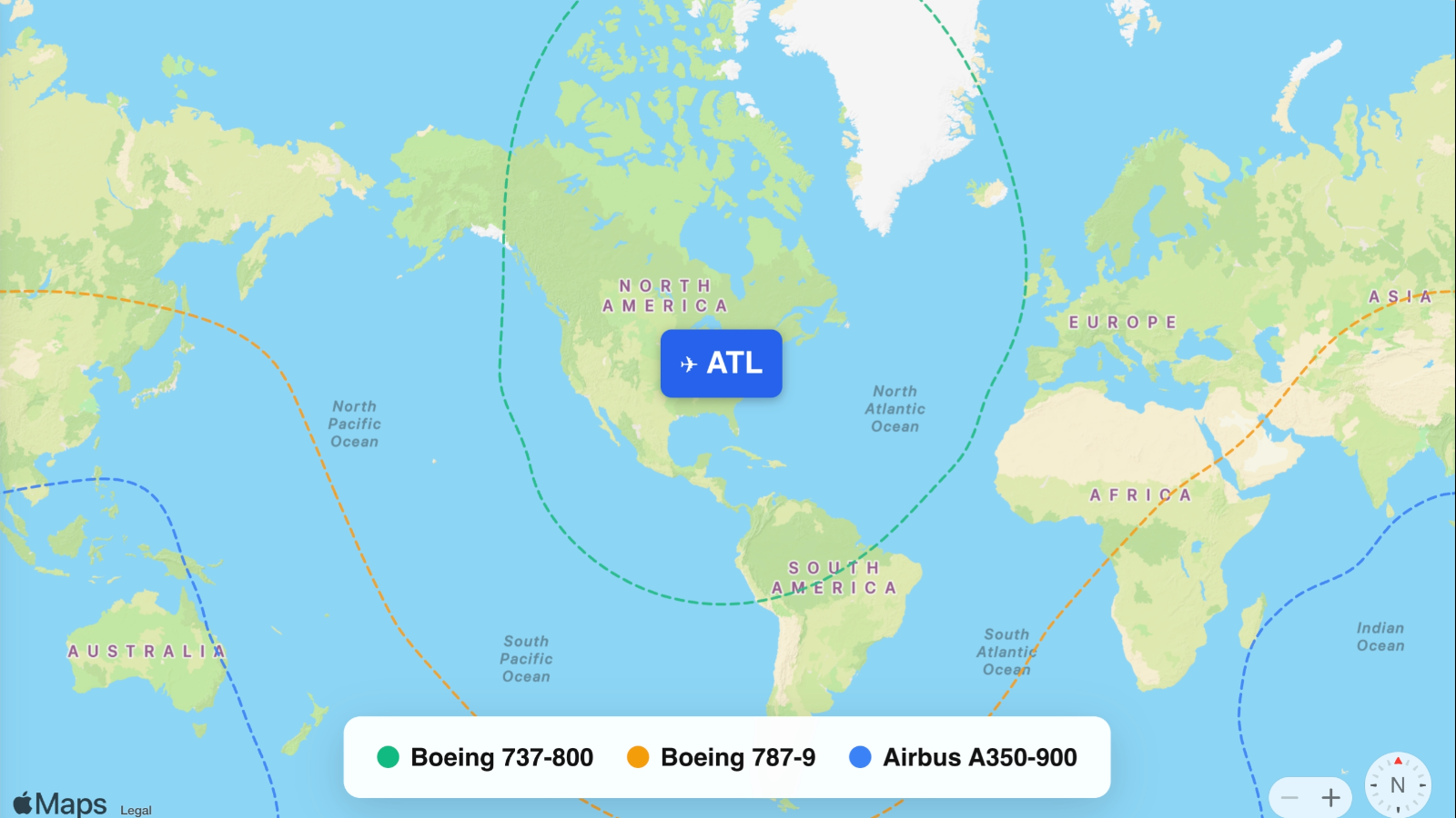 Map showing flight ranges from Hartsfield-Jackson Atlanta International (ATL)