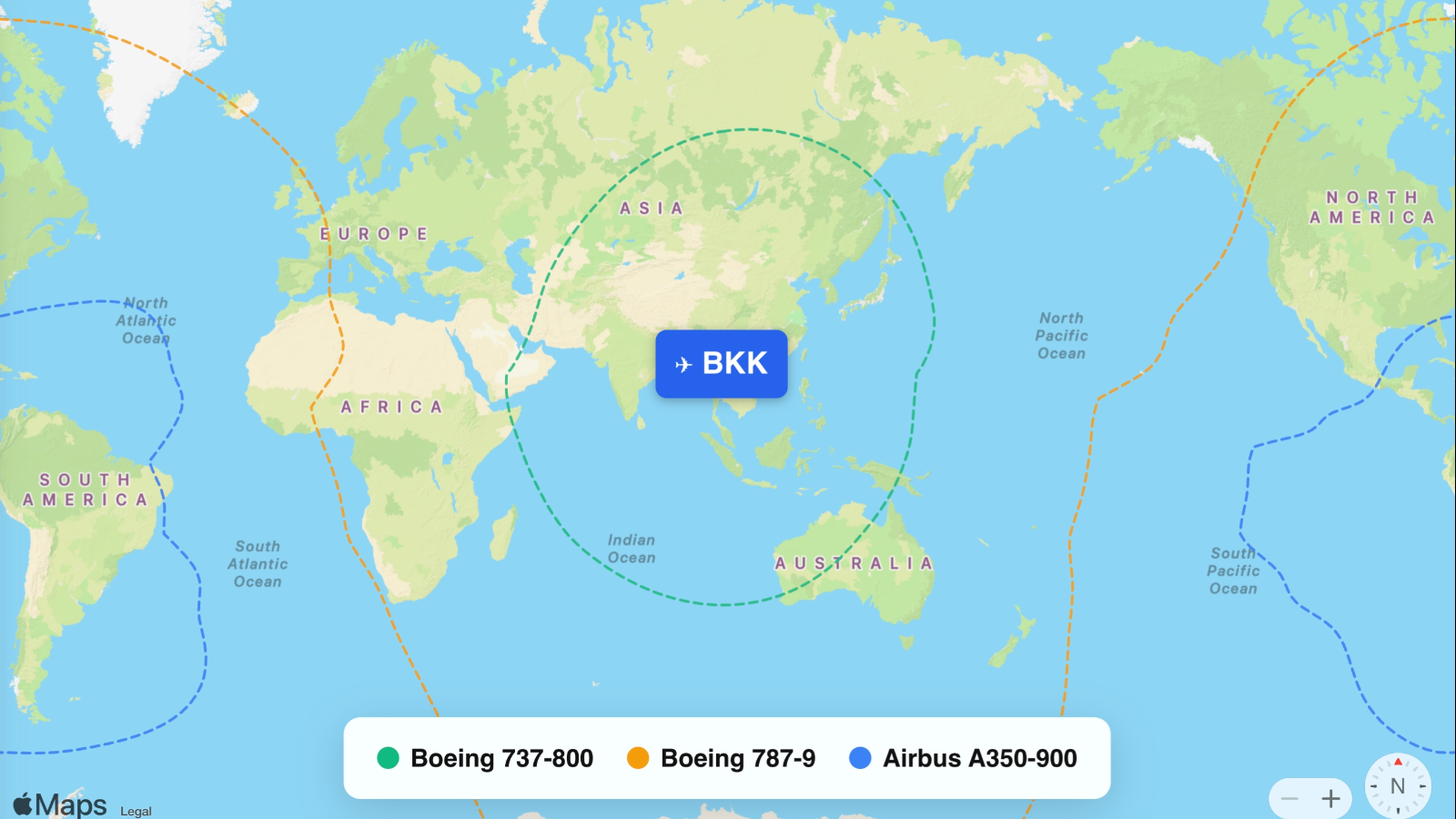 Map showing flight ranges from Suvarnabhumi Airport (Bangkok) (BKK)