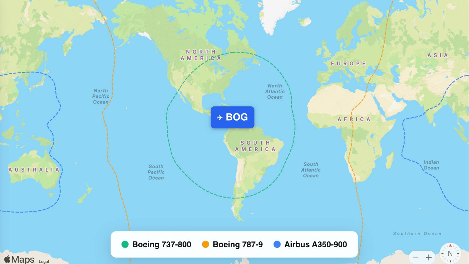 Map showing flight ranges from El Dorado International (BOG)