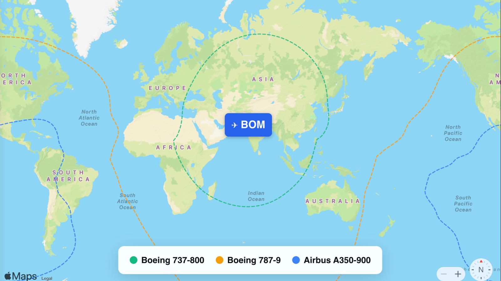 Map showing flight ranges from Chhatrapati Shivaji Maharaj International (BOM)