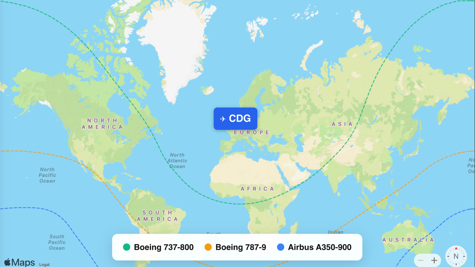 Map showing flight ranges from Paris Charles de Gaulle (CDG)