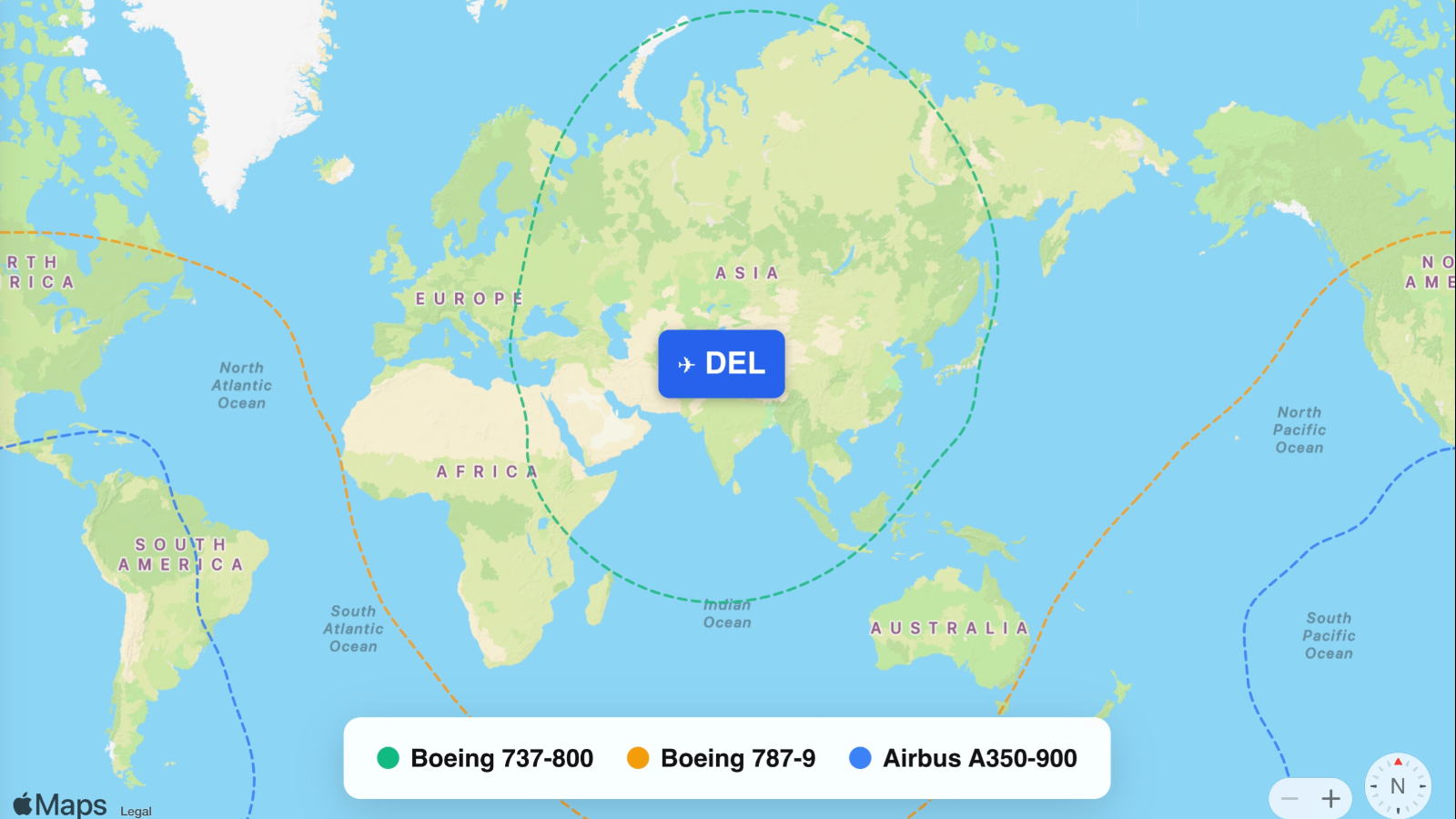 Map showing flight ranges from Indira Gandhi International (DEL)