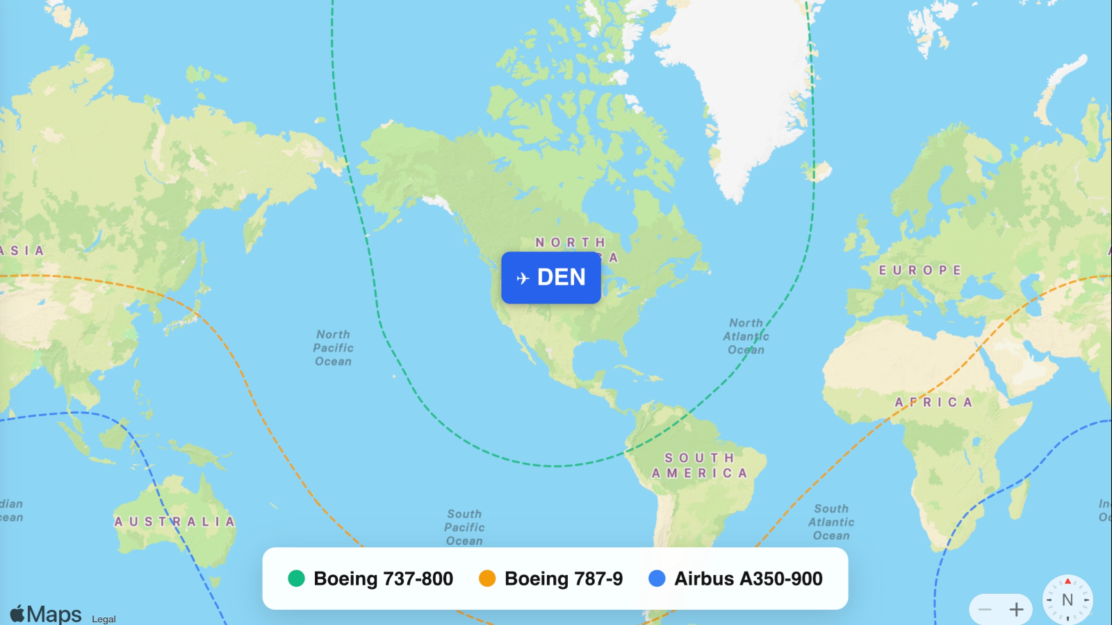 Map showing flight ranges from Denver International (DEN)
