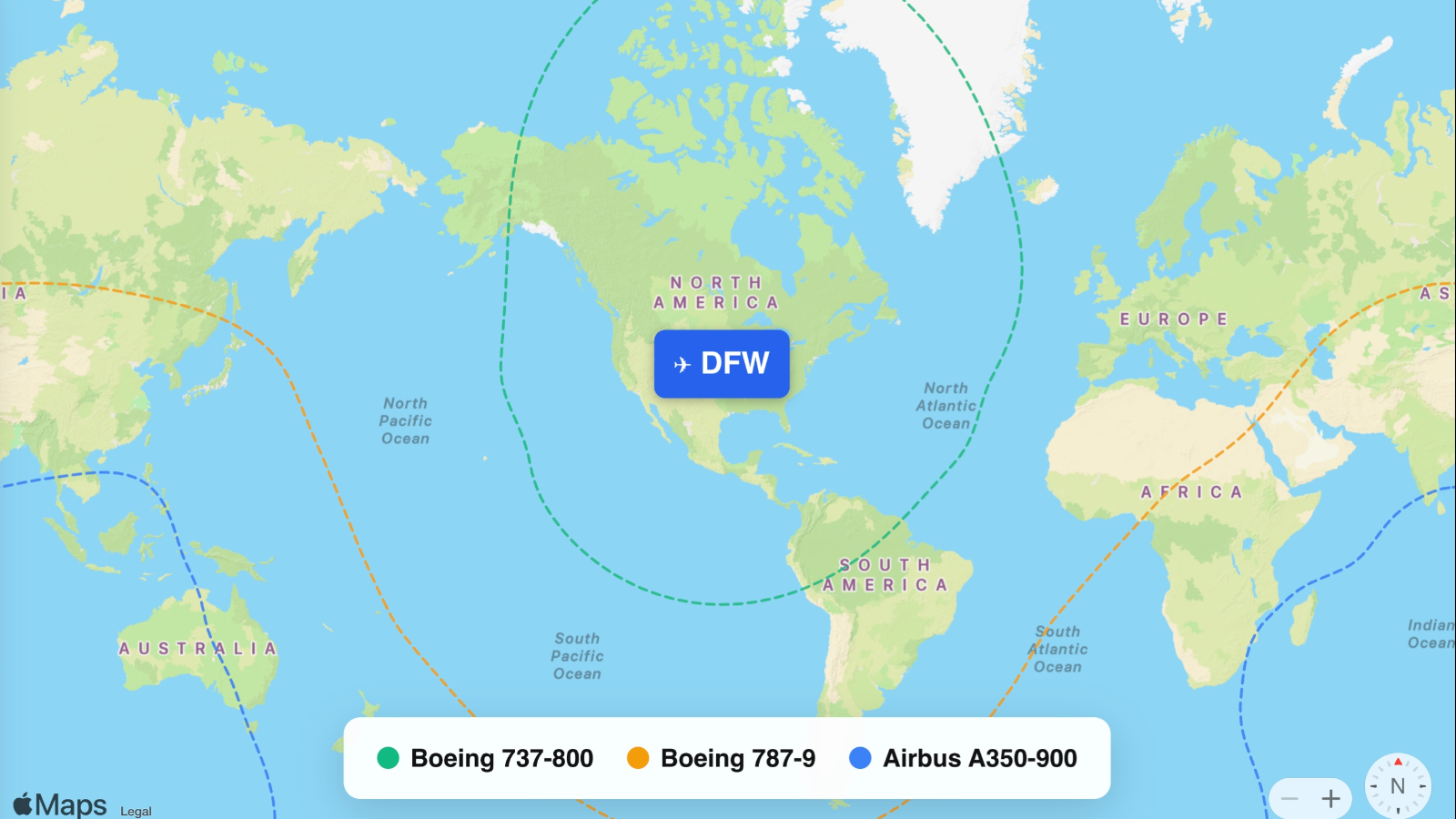 Map showing flight ranges from Dallas/Fort Worth International (DFW)