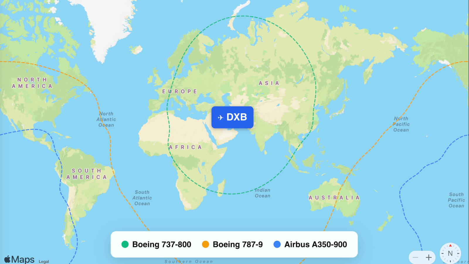 Map showing flight ranges from Dubai International (DXB)