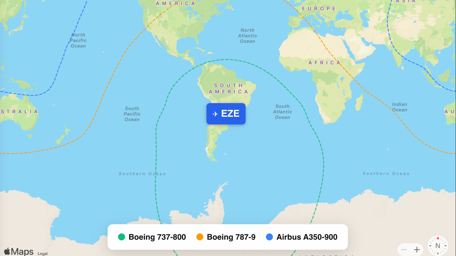 Map showing flight ranges from Ministro Pistarini International (Ezeiza) (EZE)