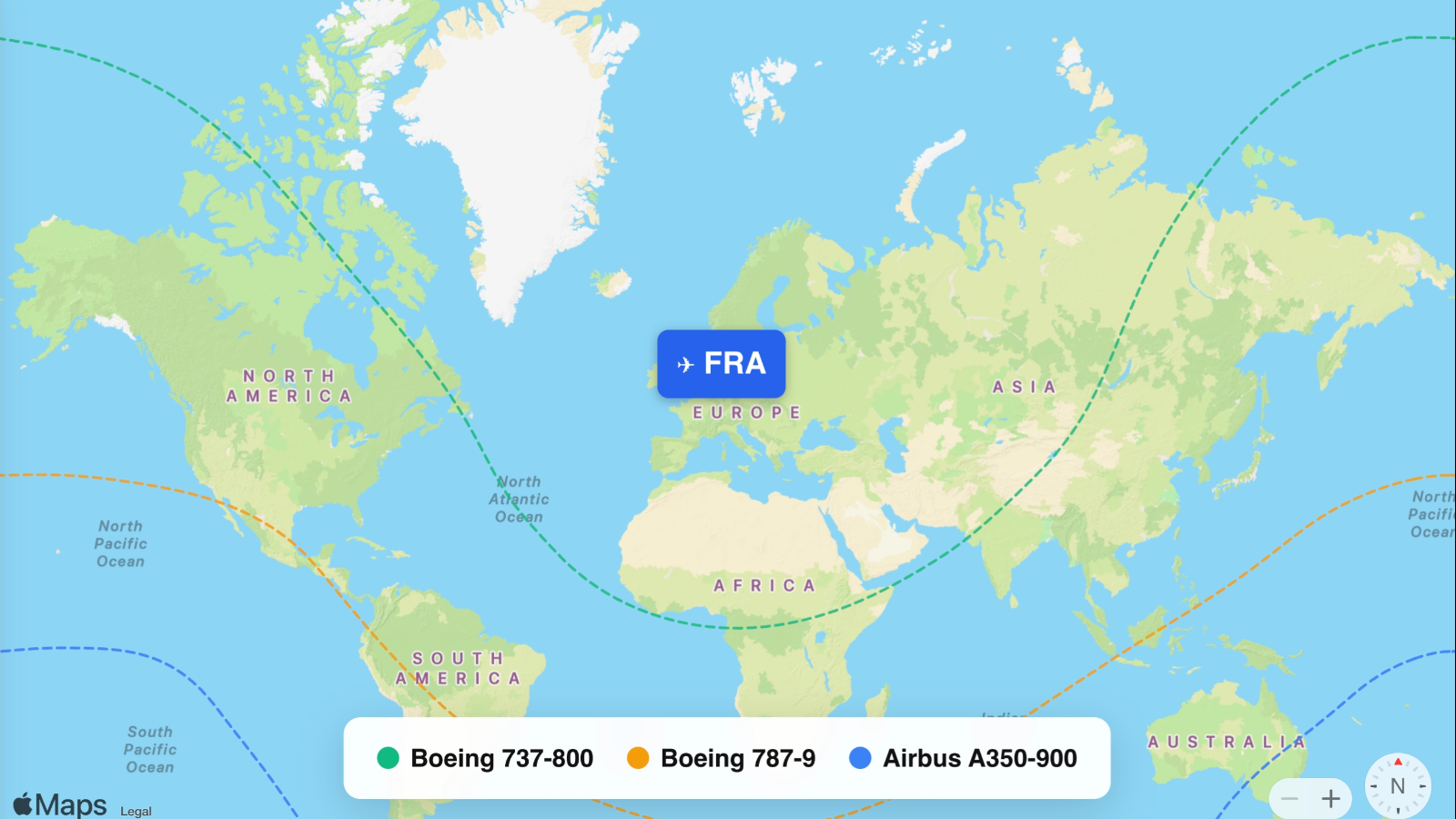Map showing flight ranges from Frankfurt Airport (FRA)