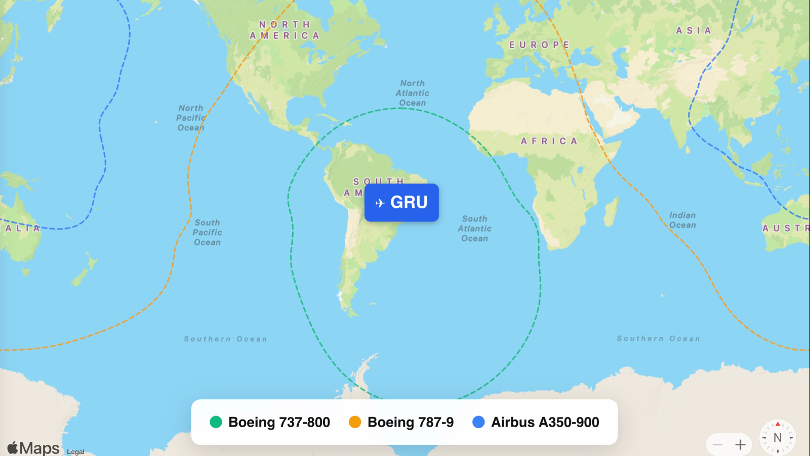 Map showing flight ranges from São Paulo/Guarulhos International (GRU)