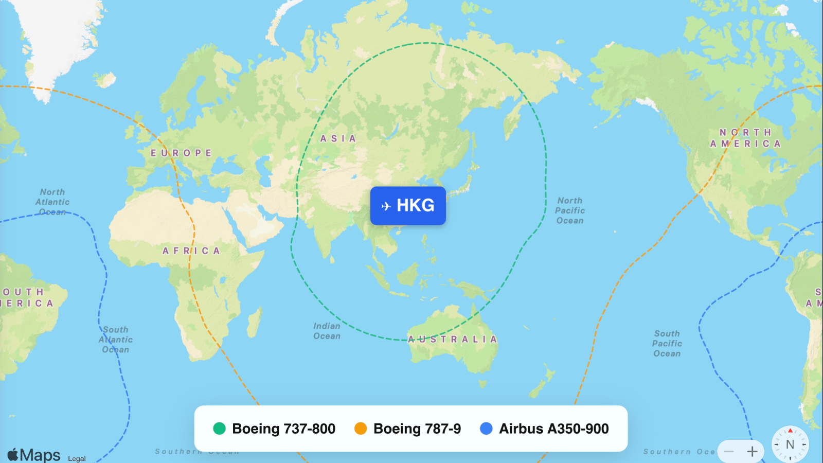 Map showing flight ranges from Hong Kong International (HKG)