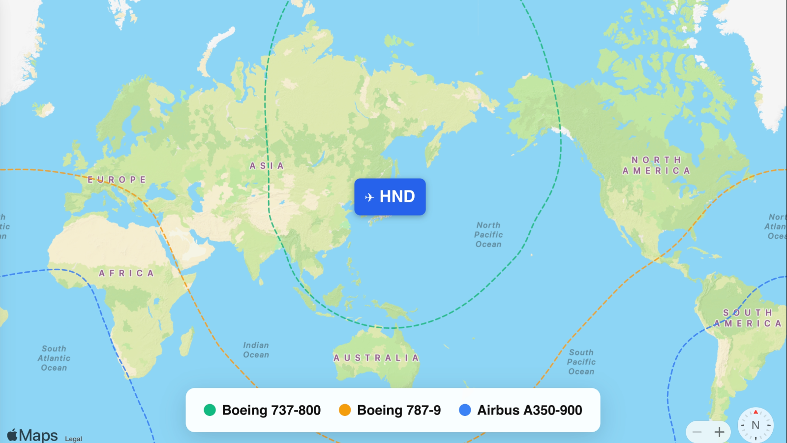 Map showing flight ranges from Tokyo Haneda (HND)
