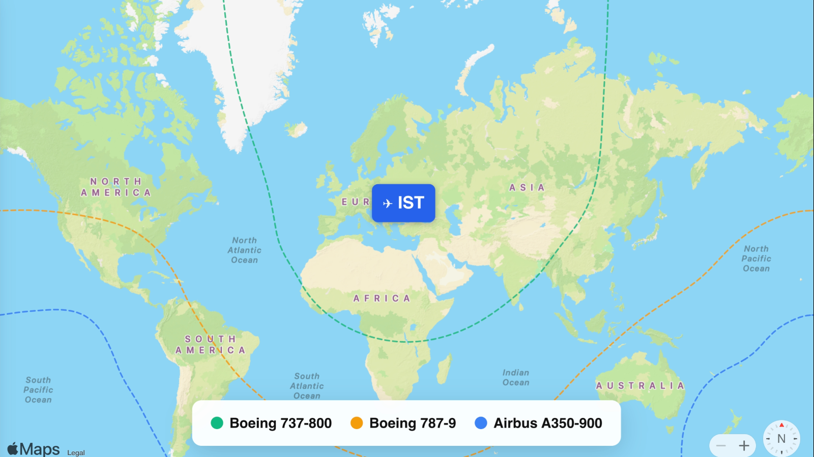 Map showing flight ranges from Istanbul Airport (IST)