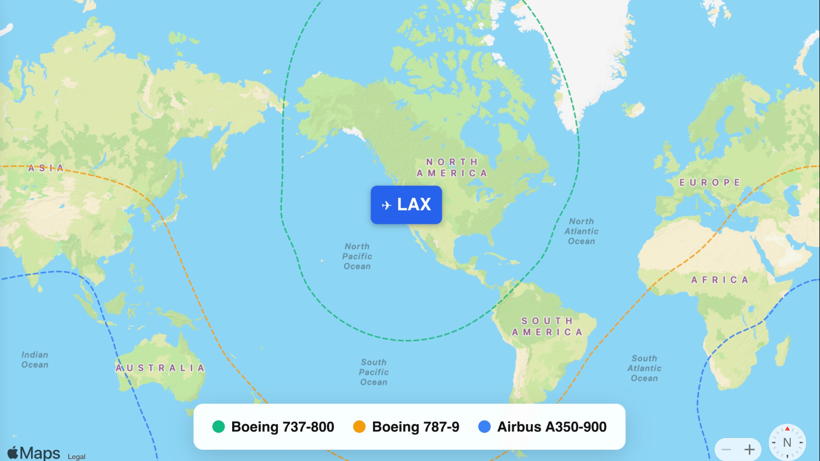 Map showing flight ranges from Los Angeles International (LAX)
