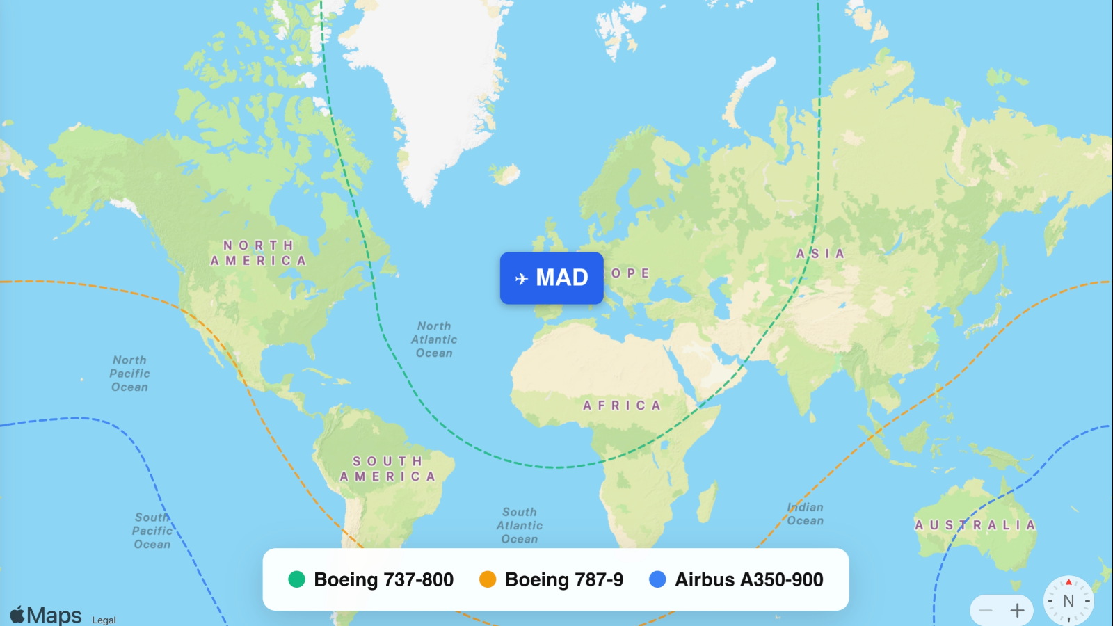 Map showing flight ranges from Adolfo Suárez Madrid–Barajas (MAD)