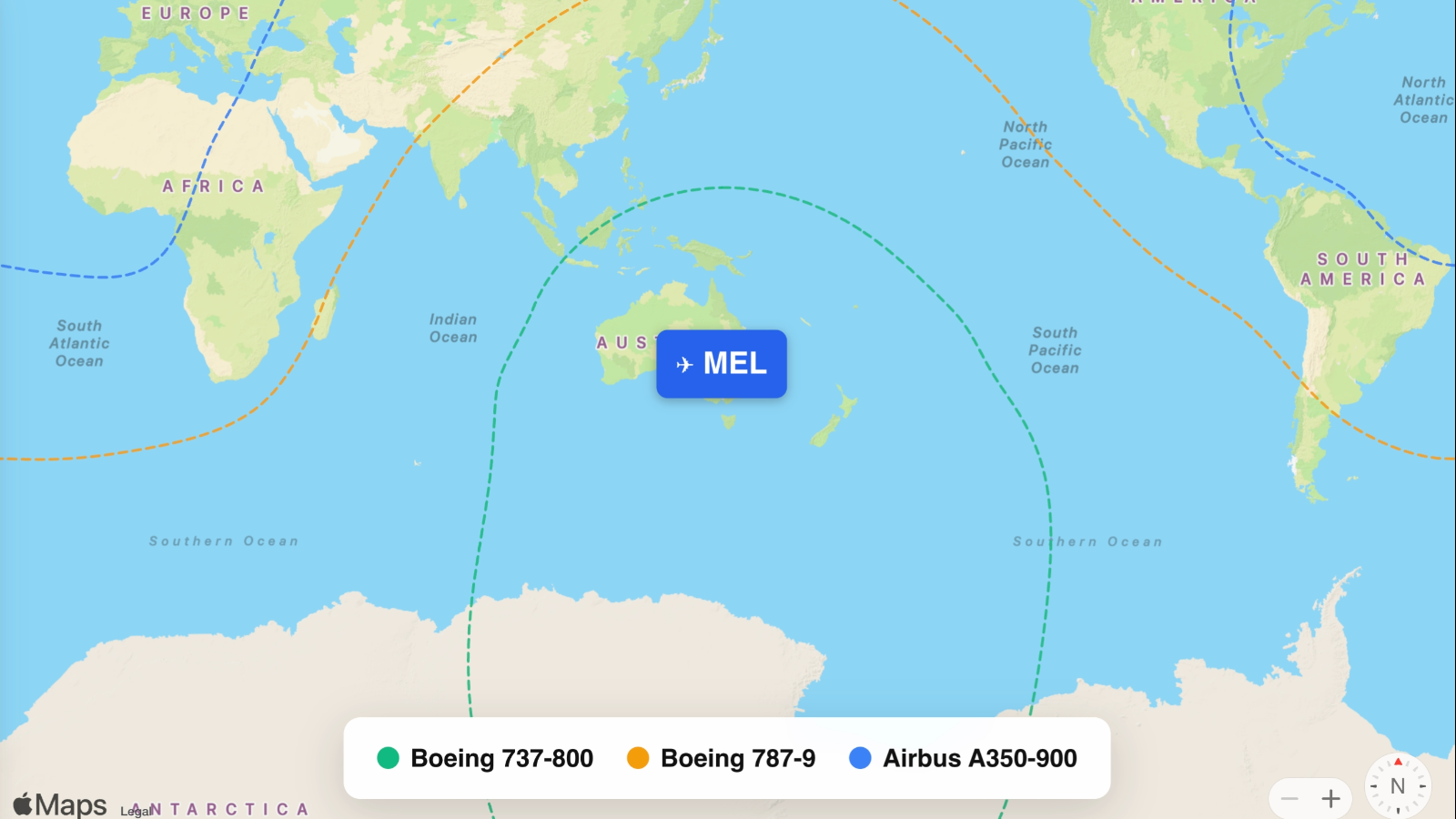 Map showing flight ranges from Melbourne Airport (MEL)
