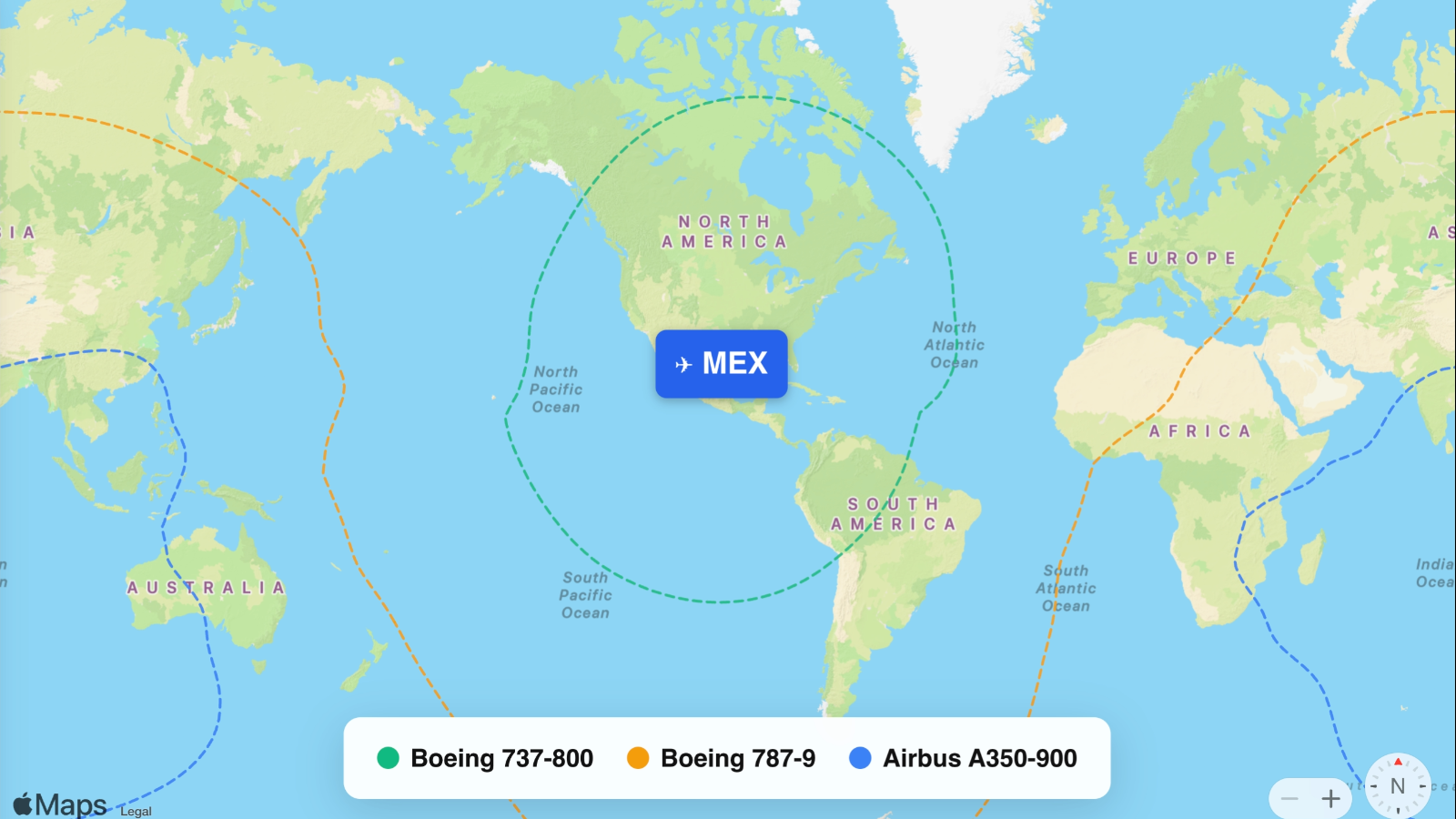 Map showing flight ranges from Mexico City International (Juárez) (MEX)