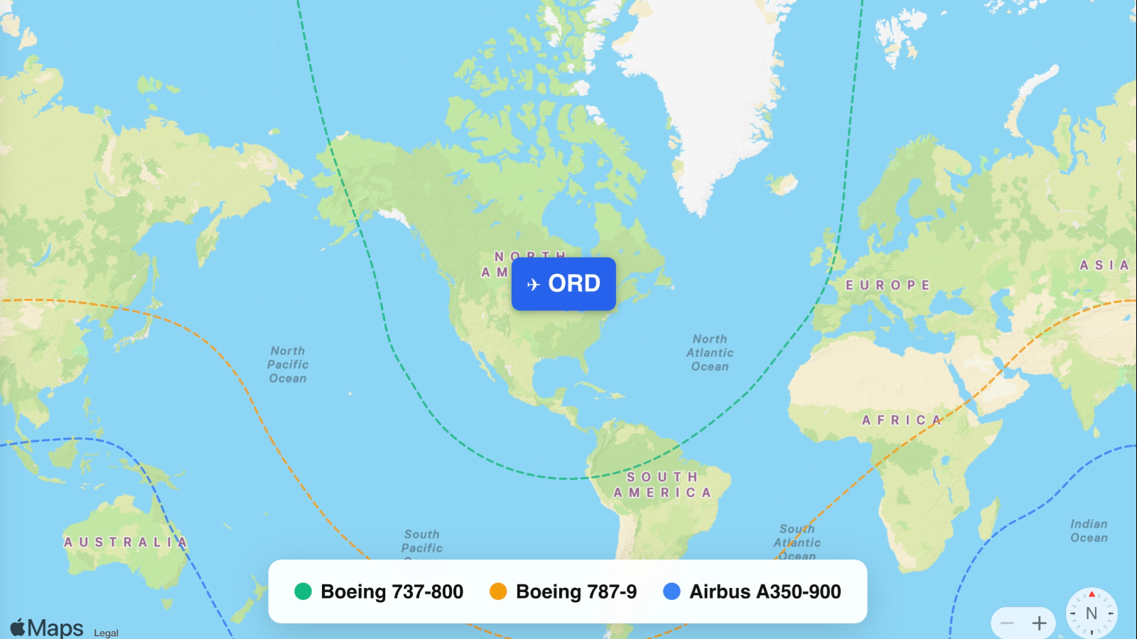 Map showing flight ranges from Chicago O'Hare International (ORD)