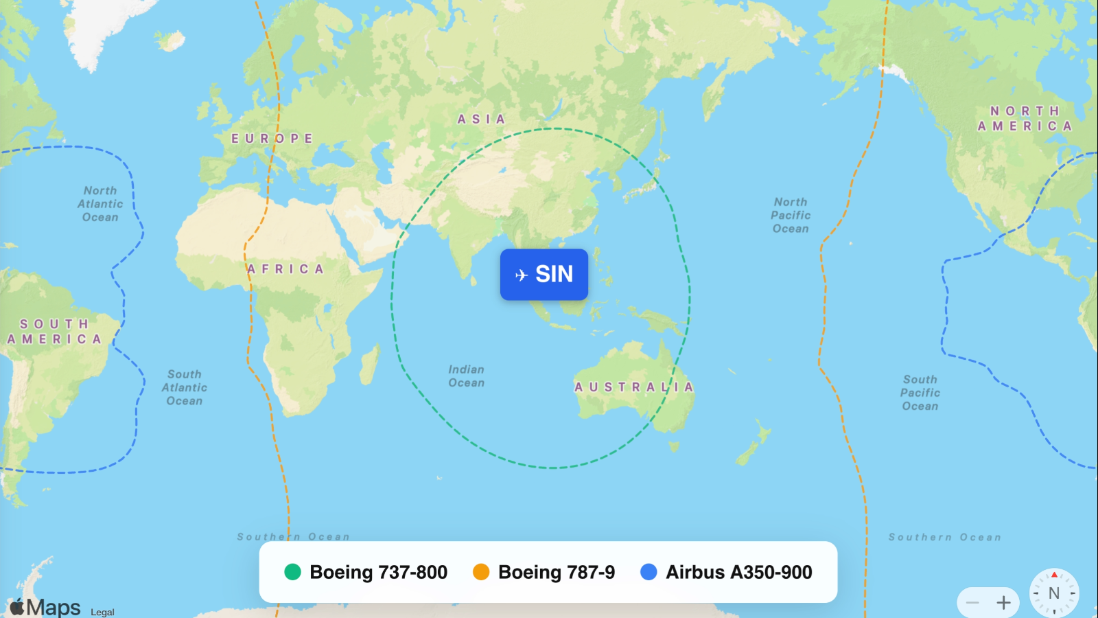 Map showing flight ranges from Singapore Changi Airport (SIN)