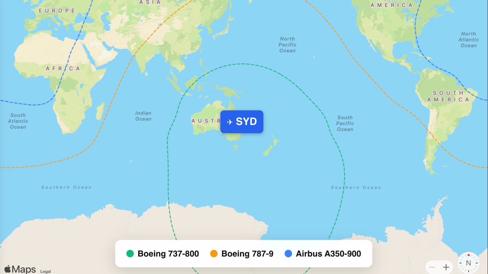 Map showing flight ranges from Sydney Kingsford Smith (SYD)
