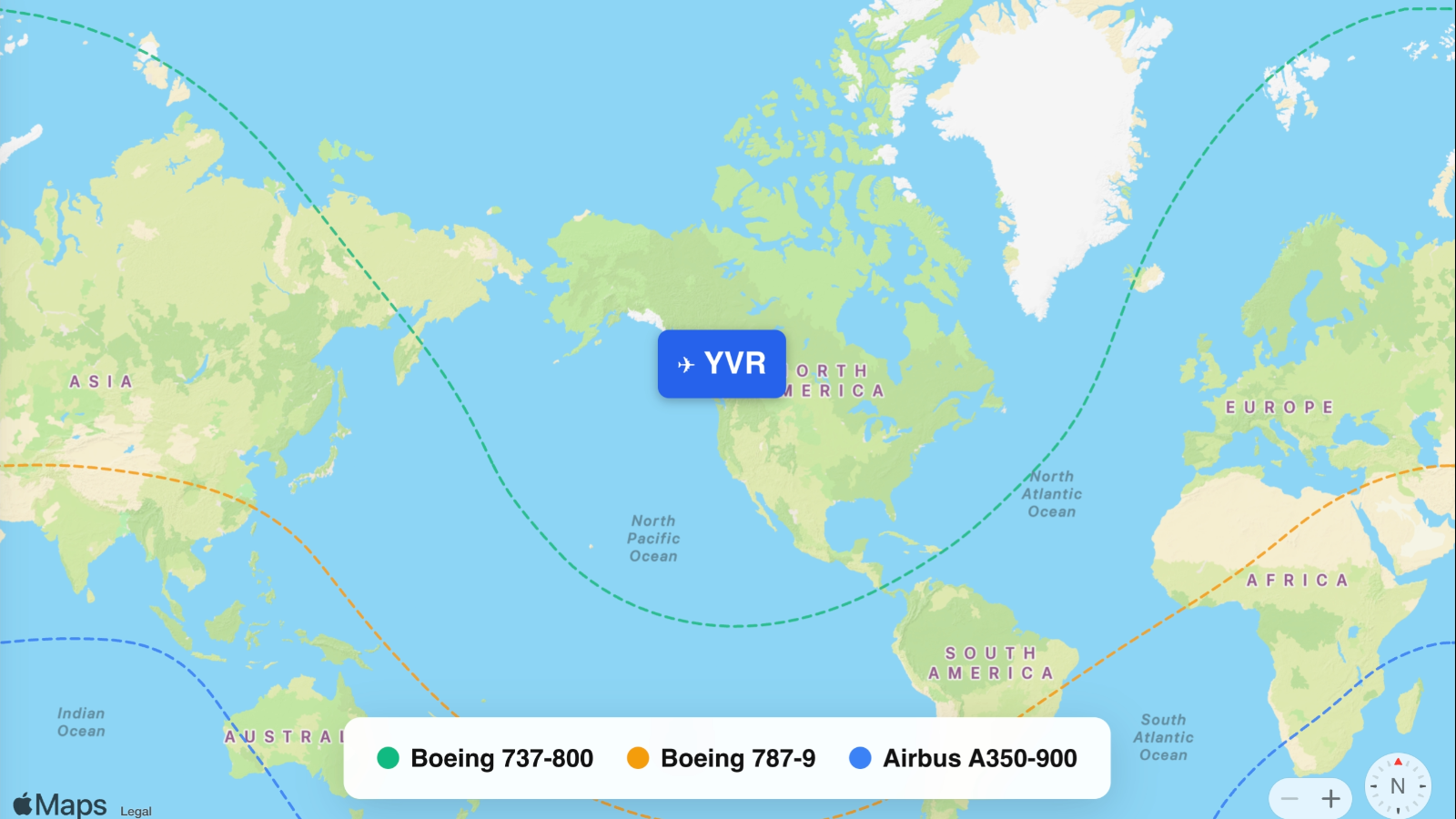 Map showing flight ranges from Vancouver International (YVR)