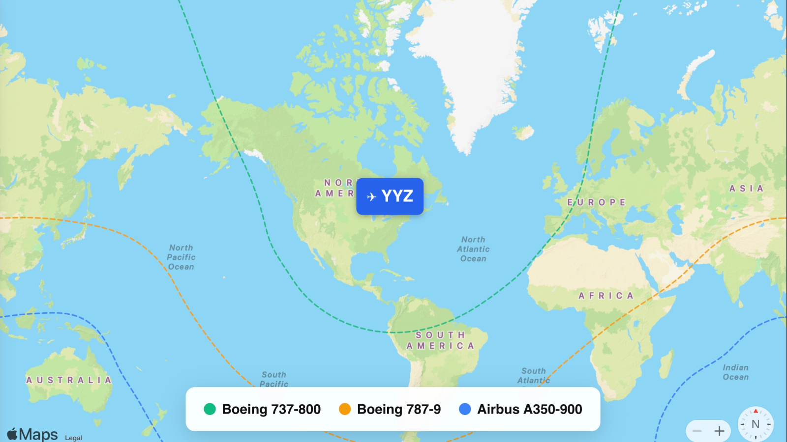 Map showing flight ranges from Toronto Pearson International (YYZ)