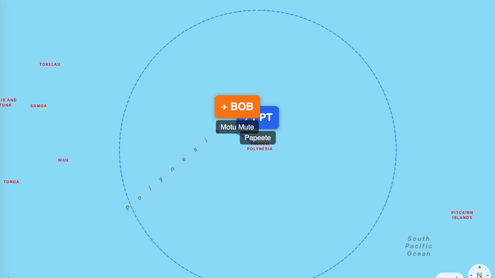 Map showing flight range of ATR ATR 72-600 from TGE