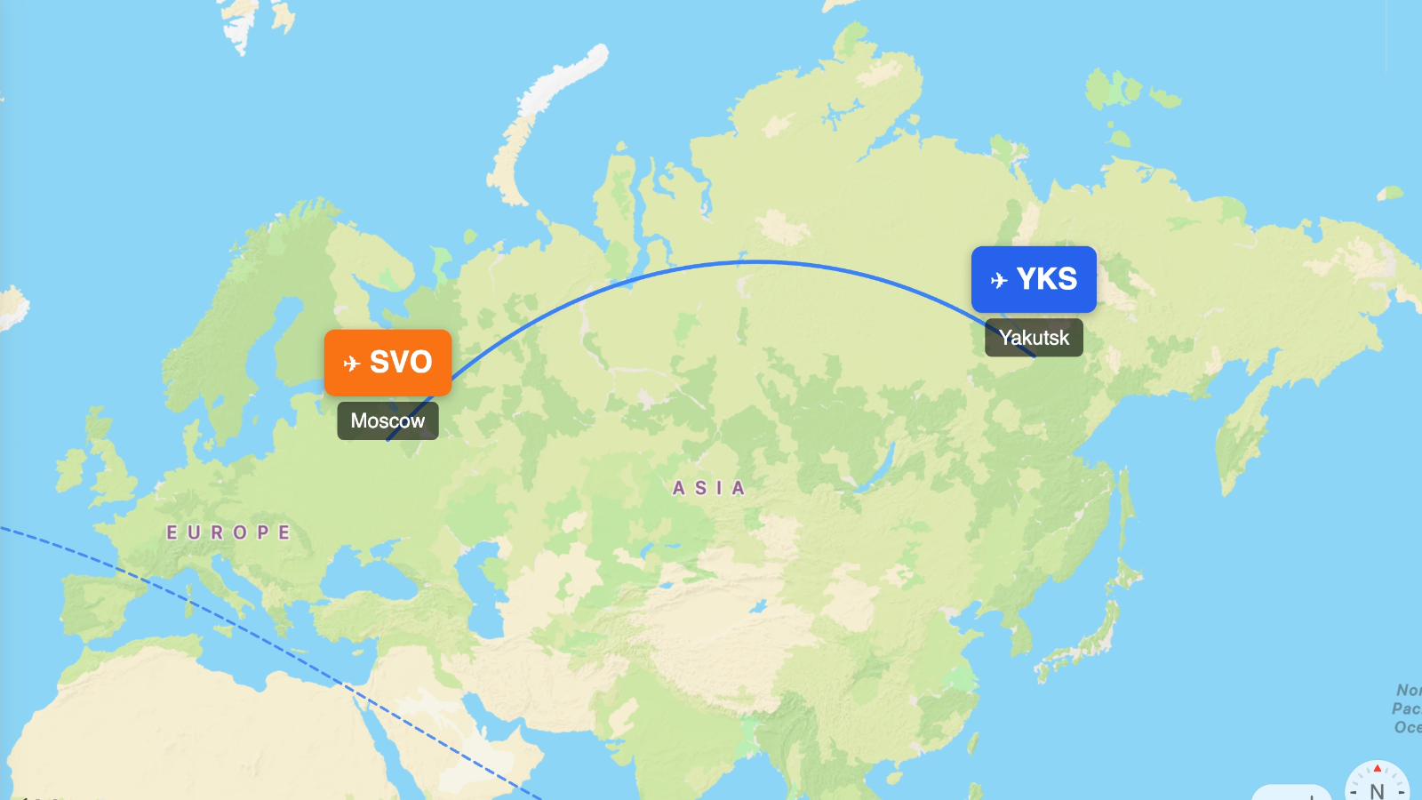 Map showing flight range of Boeing 737-700 from YKS
