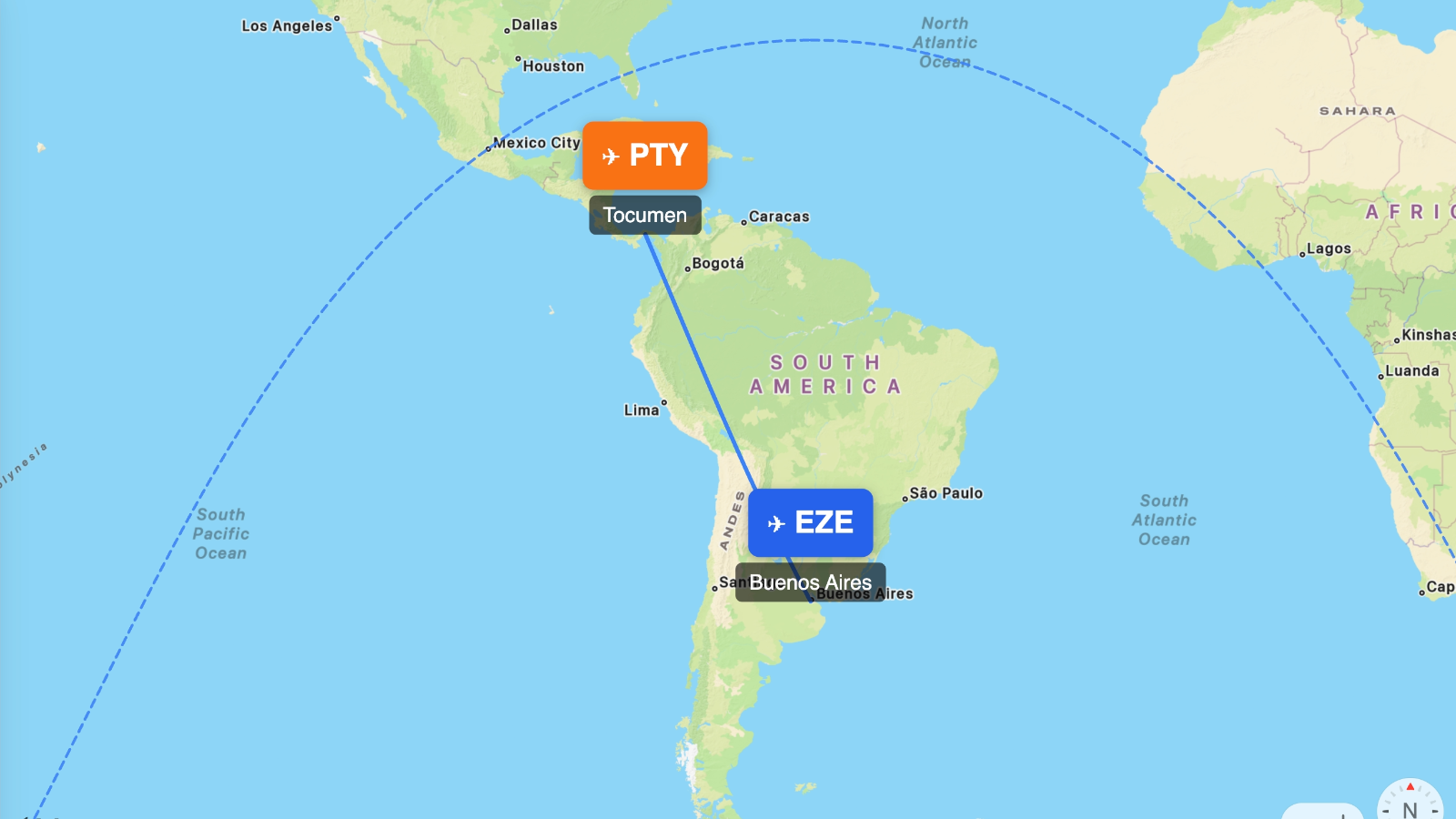 Map showing flight range of Boeing 737-800 from EZE
