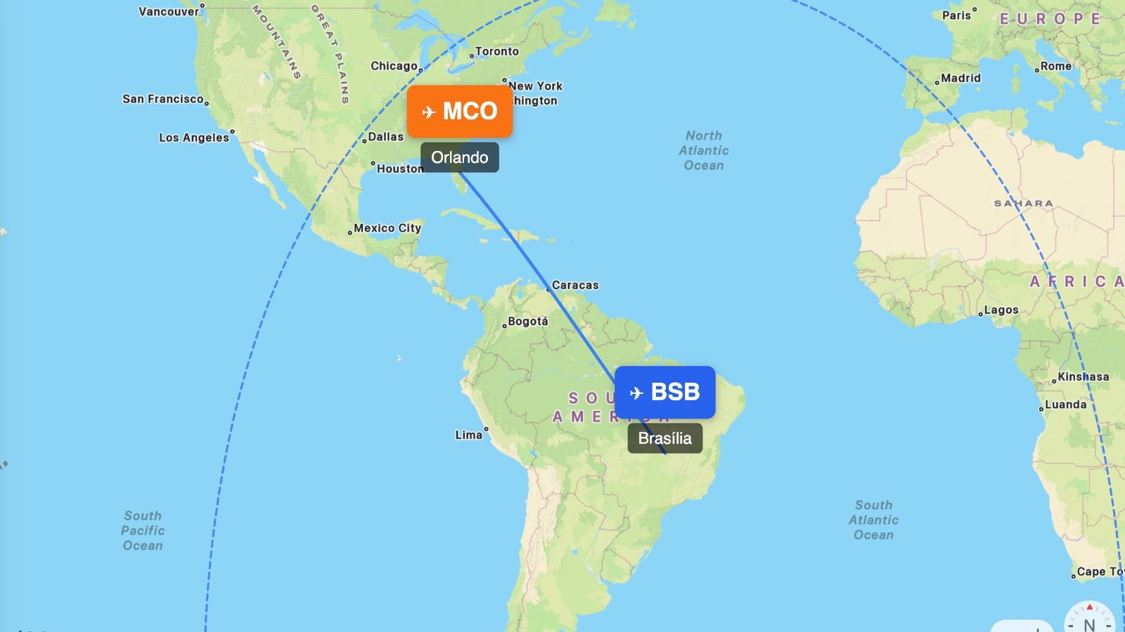 Map showing flight range of Boeing 737 MAX 8 from BSB