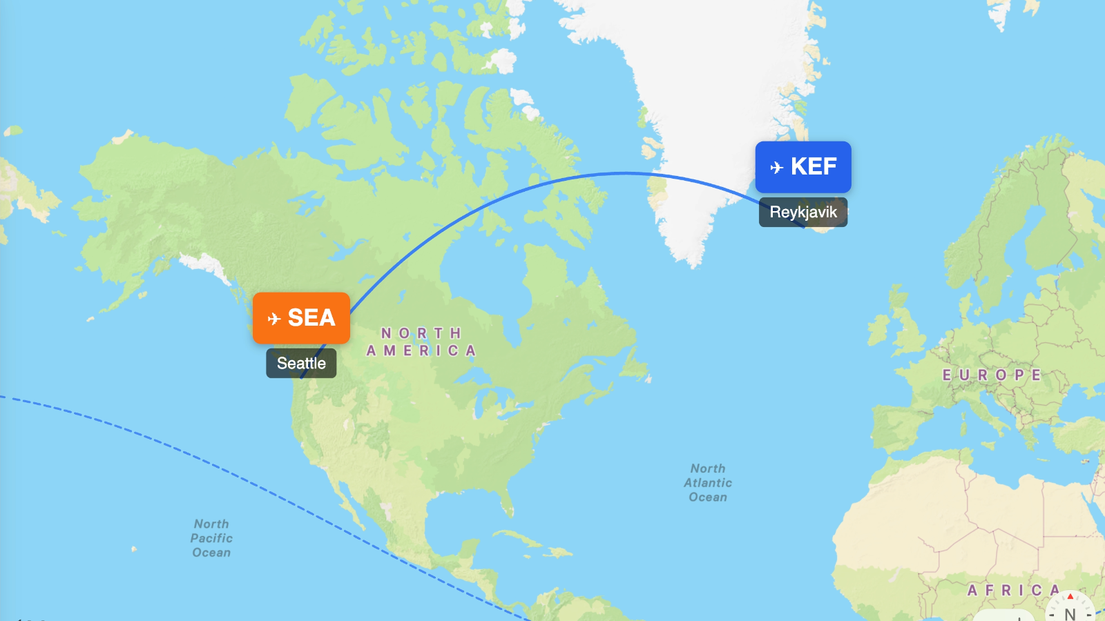 Map showing flight range of Boeing 737 MAX 9 from KEF