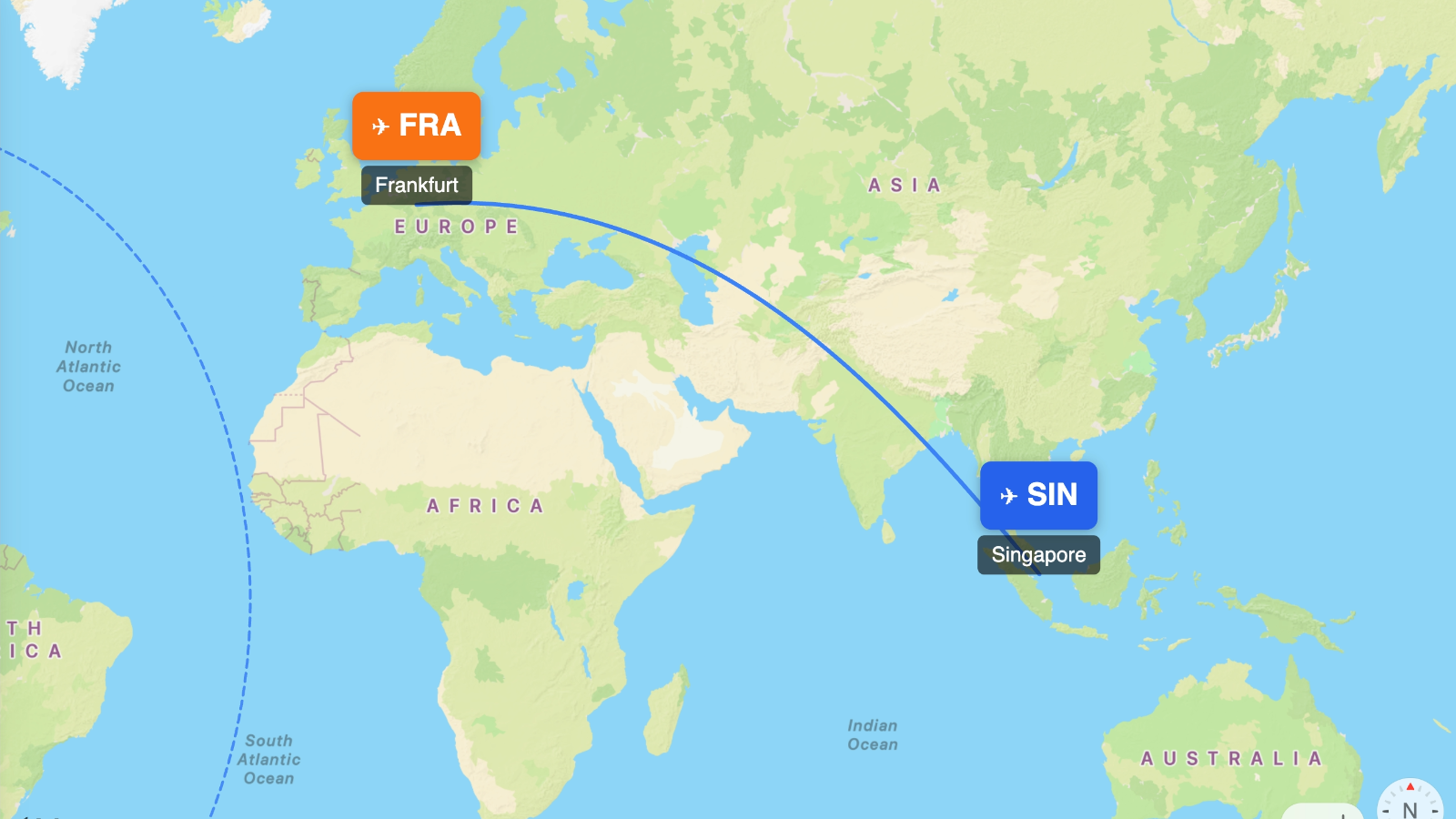 Map showing flight range of Boeing 747-400 from SIN