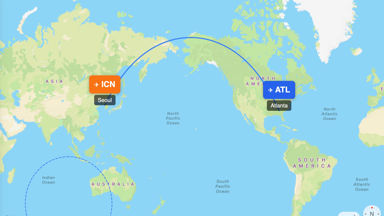 Map showing flight range of Boeing 747-8 Intercontinental from ATL