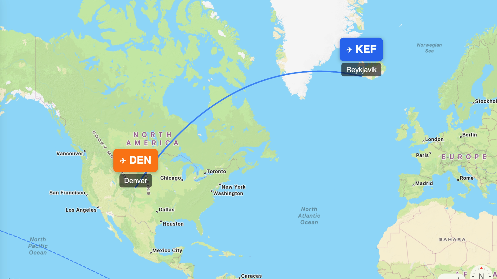 Map showing flight range of Boeing 757-200 from KEF