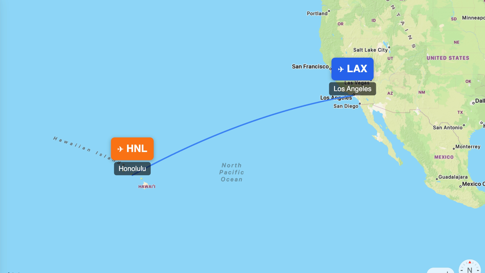 Map showing flight range of Boeing 757-300 from LAX